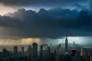 un Tormentoso cielo terminado nuevo York ciudad. generado por ai foto