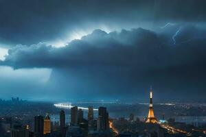 a stormy sky over a city with a tower in the foreground. AI-Generated photo