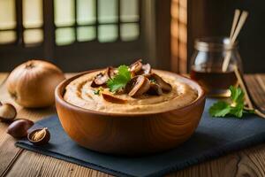 mushroom and chestnut dip in a bowl on a wooden table. AI-Generated photo