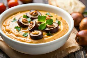 pumpkin soup with roasted eggplant and mushrooms in a bowl. AI-Generated photo