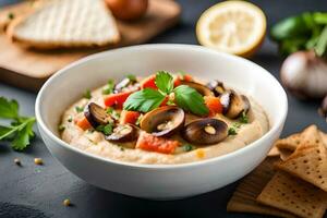 dip with olives and tomatoes in a bowl on a dark background. AI-Generated photo
