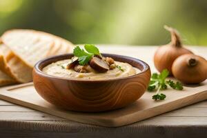 dip with bread and mushrooms on a wooden board. AI-Generated photo