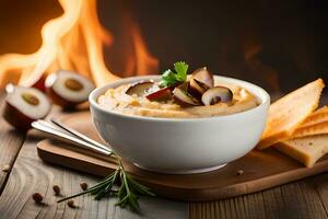 hummus with cheese and crackers on a wooden table with fire. AI-Generated photo
