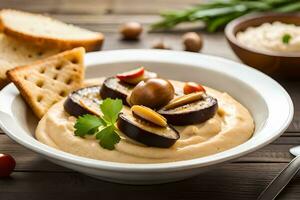 hummus with eggplant and bread on a wooden table. AI-Generated photo