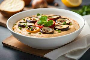 hummus with vegetables in a bowl on a wooden board. AI-Generated photo