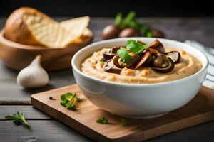 mushroom and cheese dip in a bowl on a wooden table. AI-Generated photo