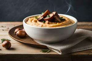 mushroom and chestnut hummus with chestnuts and mushrooms in a bowl on a wooden. AI-Generated photo