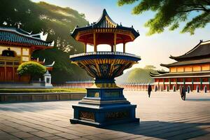 a beautiful chinese pagoda in the middle of a park. AI-Generated photo