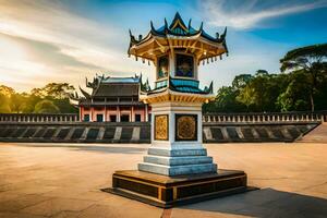 a chinese style clock tower in front of a building. AI-Generated photo