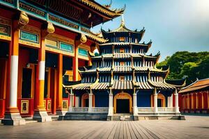 a chinese temple with a large building in front of it. AI-Generated photo