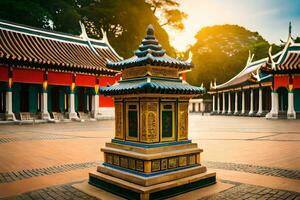 a pagoda in the middle of a courtyard at sunset. AI-Generated photo