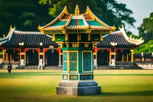 un verde y oro pagoda en frente de un edificio. generado por ai foto