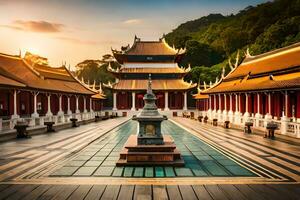 the sun sets over a temple in a chinese style building. AI-Generated photo