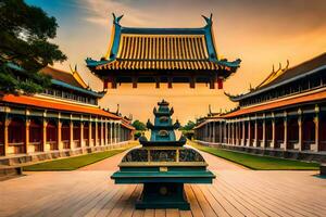 the courtyard of a chinese temple at sunset. AI-Generated photo