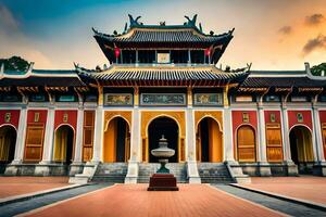 el chino templo en el puesta de sol. generado por ai foto