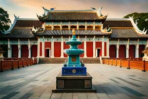 a chinese temple with a blue fountain in front of it. AI-Generated photo