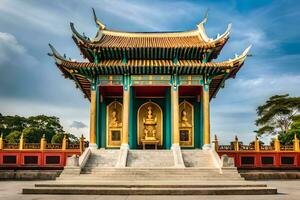 un chino templo con un dorado estatua en cima. generado por ai foto