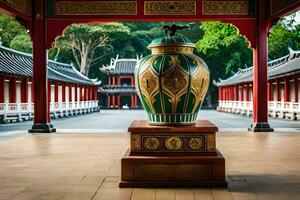 a large vase sitting in an oriental courtyard. AI-Generated photo
