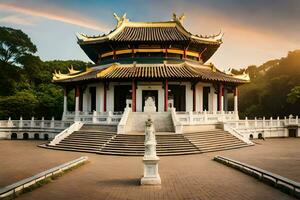 a chinese pagoda in the middle of a park. AI-Generated photo