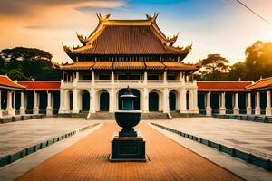 the golden pagoda in the middle of a large courtyard. AI-Generated photo