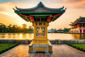 a golden pagoda in front of a lake at sunset. AI-Generated photo