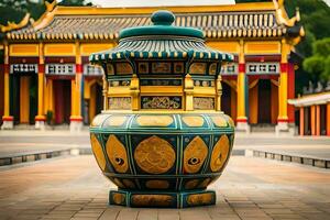 a large vase with a gold and green design on it. AI-Generated photo