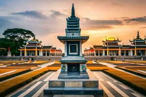 the sun sets over a pagoda in a garden. AI-Generated photo