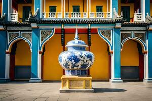 a large blue and white vase in front of a building. AI-Generated photo
