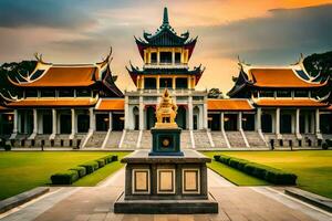 the golden buddha statue in front of a large building. AI-Generated photo