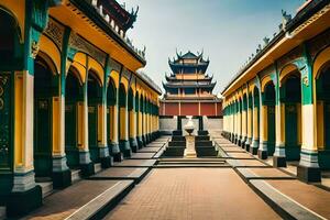 the courtyard of a chinese temple with yellow and green pillars. AI-Generated photo