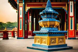 a colorful pagoda in a temple at sunset. AI-Generated photo