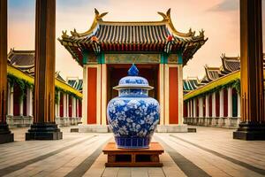 a large blue and white vase sitting in front of a building. AI-Generated photo