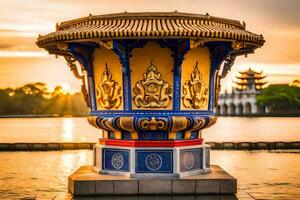 a colorful vase sitting on a dock at sunset. AI-Generated photo
