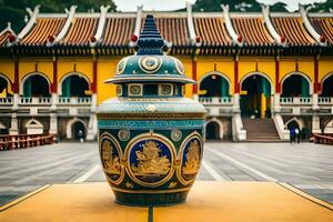 a large vase sitting on a yellow platform in front of a building. AI-Generated photo