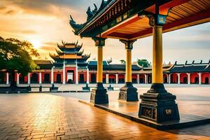 the sun sets over a chinese building in a courtyard. AI-Generated photo