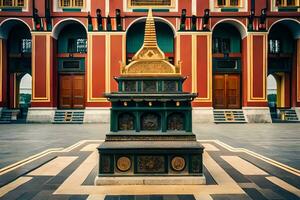 un estatua de un Buda se sienta en frente de un edificio. generado por ai foto