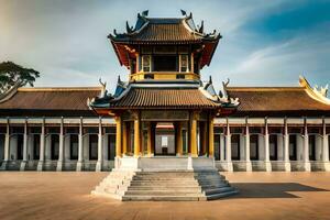 the golden pagoda in the middle of a large building. AI-Generated photo