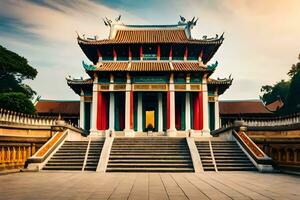 the entrance to a chinese temple in the morning. AI-Generated photo