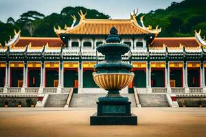 a large chinese style building with a golden roof. AI-Generated photo