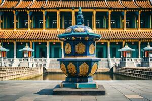 a large blue and gold vase in front of a building. AI-Generated photo