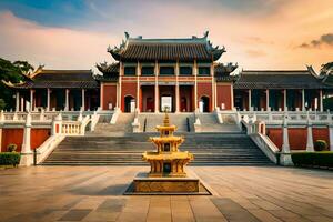 the golden fountain in front of a chinese building. AI-Generated photo