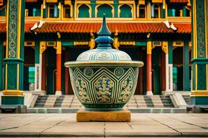 a large vase sitting in front of a building. AI-Generated photo