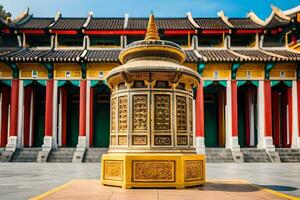 a golden pagoda in front of a building. AI-Generated photo