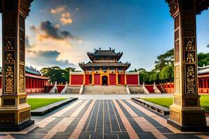 the entrance to a chinese temple at sunset. AI-Generated photo