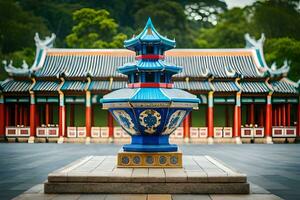 a blue and red pagoda in front of a building. AI-Generated photo