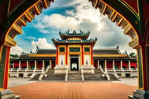 the entrance to a chinese temple with a blue sky. AI-Generated photo