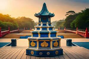 a pagoda sits on a bridge at sunset. AI-Generated photo