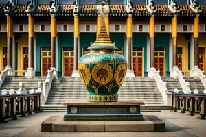 a large green and yellow vase in front of a building. AI-Generated photo