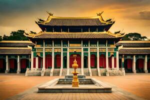 the golden fountain in the courtyard of a chinese building. AI-Generated photo