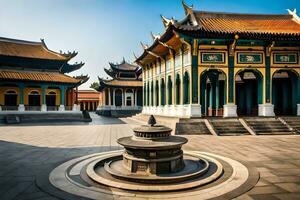 the courtyard of a chinese building with a fountain. AI-Generated photo